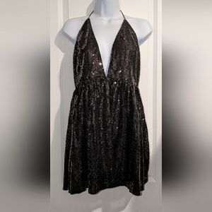 Tobi Black Sequin Boutique Mini Halter Dress Size Medium